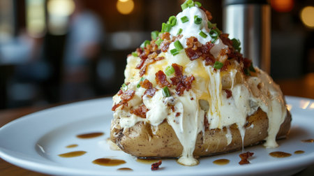 A mouthwatering baked potato loaded with sour cream, crispy bacon bits, and fresh chives. Perfectly crafted to enhance your dining experience.の素材