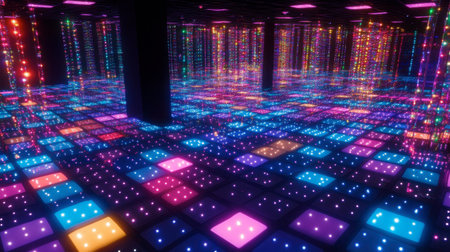 Experience a mesmerizing scene of vibrant lights and reflections in a futuristic space. This colorful environment features a stunning abstract design perfect for various creative projects.の素材