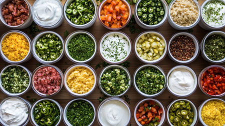 A vibrant arrangement of fresh ingredients in round containers showcasing a variety of colors and textures, perfect for enhancing meals and inspiring culinary creativity.の素材