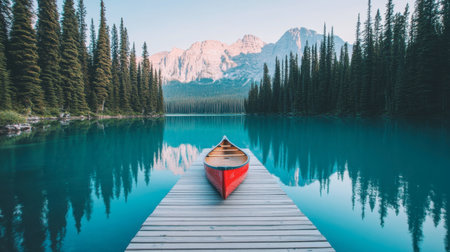 This stunning image captures a red canoe resting on a wooden dock by a serene lake, framed by towering mountains and lush trees, offering a peaceful escape into nature.の素材