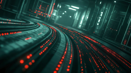 A captivating representation of futuristic data flow, showcasing vibrant neon lights in a dark abstract environment, emphasizing technology and innovation.の素材