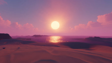 A breathtaking sunset over a tranquil ocean reflects warm pastel hues across the horizon. This serene landscape captures the essence of peace and natural beauty.の素材