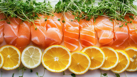 Fresh salmon fillets are beautifully arranged with vibrant lemon slices and topped with microgreens, creating a colorful and healthy dish, perfect for culinary photography.の素材