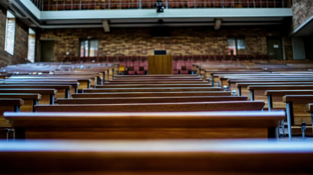 This image captures an empty academic lecture hall featuring wooden benches arranged in rows, highlighting a tranquil learning environment. Natural light streams in, enhancing the atmosphere.の素材
