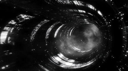 This abstract image depicts a swirling tunnel filled with glowing particles, creating a captivating illusion of depth and motion in a black and white aesthetic.の素材