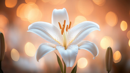 A stunning close-up of a white lily in full bloom, featuring a soft blur of warm lights in the background. This image captures the essence of beauty and tranquility in nature.の素材