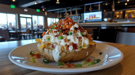 A delicious baked potato topped with crispy bacon, melted cheese, and creamy sour cream sits on a plate in a welcoming restaurant environment.の素材
