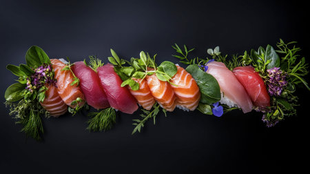 Discover a stunning display of fresh sushi featuring salmon and tuna garnished with vibrant herbs and greens, perfect for culinary enthusiasts and food lovers.の素材