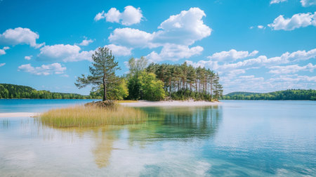 Explore a serene lake landscape featuring lush trees and a picturesque island under a bright, cloudy sky, ideal for relaxation and outdoor activities.の素材