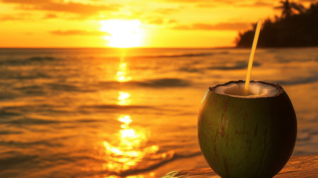 A refreshing coconut drink rests on the beach, capturing the serene beauty of a vibrant sunset. Golden hues reflect on calm waters, creating an idyllic tropical escape.の素材