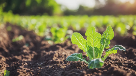 A close-up view of fresh green seedlings emerging from rich soil in a serene farm setting. Morning sunlight enhances the vibrant colors of the plant life.の素材