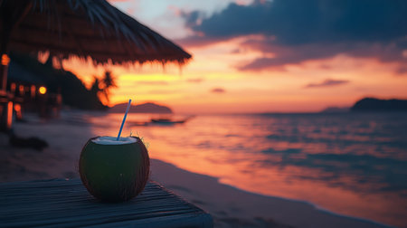 Enjoy a serene moment with a fresh coconut drink on a tropical beach at sunset. The vibrant colors blend beautifully, creating a perfect vacation atmosphere.の素材