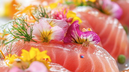 Delight in the beauty of fresh salmon slices elegantly adorned with vibrant edible flowers and herbs, showcasing a culinary masterpiece perfect for gourmet presentations.の素材