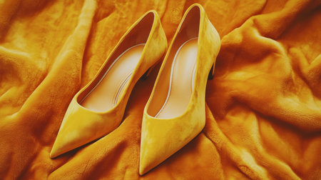 A pair of elegant yellow high heels placed on a soft, textured fabric background. Ideal for showcasing fashion, style, and luxury in contemporary settings.の素材
