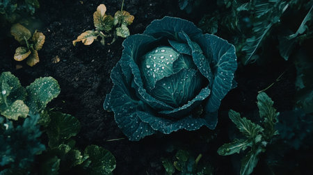 A close-up view of a fresh green cabbage nestled in rich, dark soil, adorned with glistening water droplets. This image captures the beauty of nature and the essence of healthy gardening.の素材