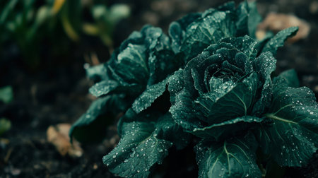 Close-up view of fresh green cabbage leaves adorned with water droplets resting on dark soil, showcasing the beauty of nature and agriculture.の素材