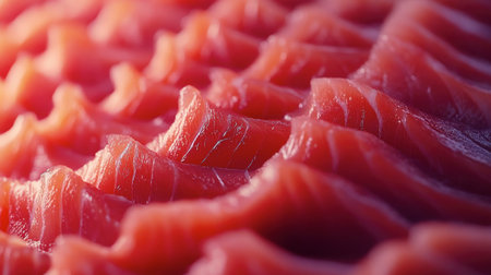 Close-up view of fresh raw salmon slices showcasing their vibrant color and smooth texture. Perfect for food photography, sushi recipes, and culinary presentations.の素材