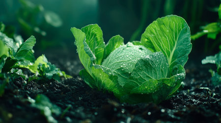 Close-up view of fresh green cabbage with water droplets resting on its leaves, surrounded by rich, dark soil in an organic garden setting.の素材