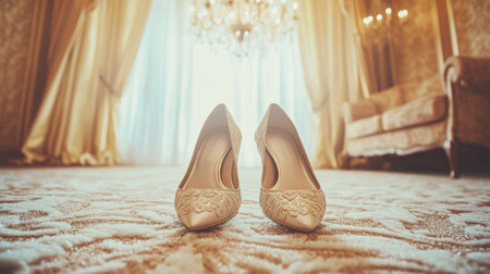 A stunning pair of elegant high heels sits gracefully on a plush carpet, illuminating the luxurious atmosphere of a beautifully designed interior.の素材