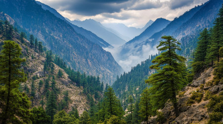Experience the beauty of a serene mountain valley filled with lush greenery and dramatic clouds. This stunning landscape captures the essence of natureの素材
