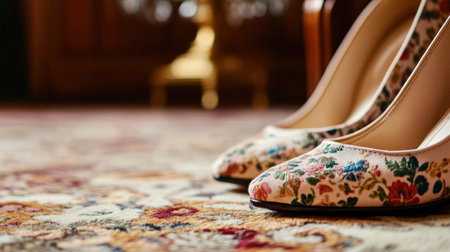 Close-up view of elegant floral high heels resting on a vintage carpet, showcasing intricate designs and vibrant colors, enhancing luxurious home dの素材