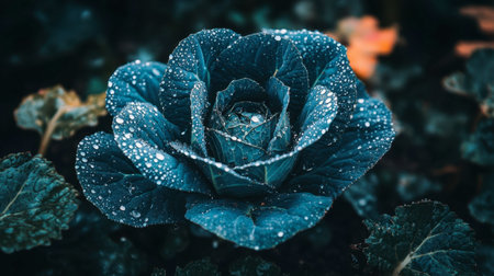 A stunning close-up image of a green cabbage adorned with water droplets, showcasing the intricate textures and vibrant colors of nature's bounty. Perfect for food and gardening themes.の素材