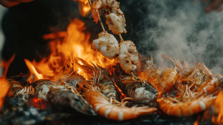 A vibrant barbecue scene showcasing skewered shrimp and fish grilling over open flames. The smoke and heat create a delicious atmosphere perfect for outdoor gatherings.の素材