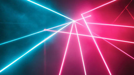 Colorful neon laser beams pierce through a dark foggy atmosphere, creating a vibrant and dynamic visual effect perfect for artistic projects or party backgrounds.の素材