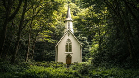 A charming white church nestled within a dense green forest, creating a tranquil scene that invites reflection and peaceful exploration in nature.の素材