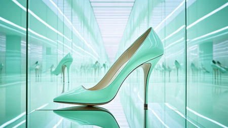 This striking mint high heel exudes elegance, perfectly showcased in a modern minimalist environment. Ideal for highlighting fashion-forward designs.の素材