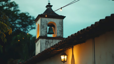 A charming rustic bell tower under an evening sky, featuring a soft lantern glow. This serene scene captures a warm ambiance perfect for tranquil settings.の素材