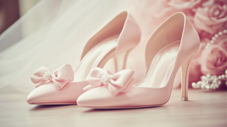 This image features elegant pink high heel shoes adorned with delicate bows, perfect for special occasions or weddings. Ideal for fashion and bridal inspiration.の素材