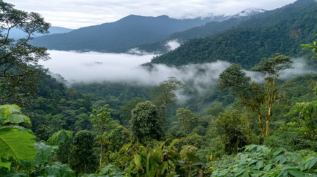 Expansive view of a lush green rainforest enveloped in mist with mountains in the background, showcasing vibrant biodiversity and serene natural beauty.の素材