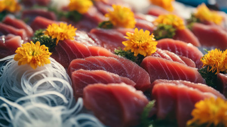 A vibrant display of fresh tuna slices beautifully arranged with edible flowers and delicate noodles, perfect for showcasing culinary artistry and gourmet dining.の素材