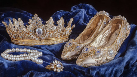 This exquisite arrangement features a golden crown, elegant shoes, and pearl jewelry, all beautifully displayed on rich velvet fabric, evoking luxury and sophistication.の素材