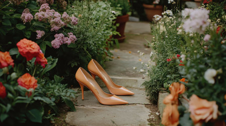 A pair of elegant pink high heels stands beautifully among colorful garden flowers, creating a stunning visual. The footwear adds charm to the vibrant outdoor space.の素材