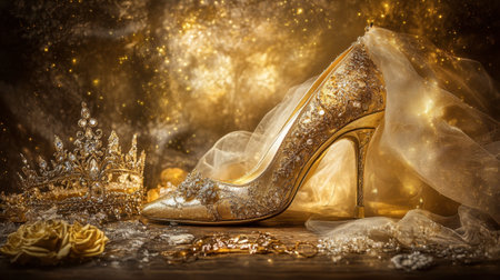 An exquisite golden high heel shoe, adorned with intricate details and surrounded by sparkling elements, captures the essence of luxury and elegance, ideal for special occasions.の素材