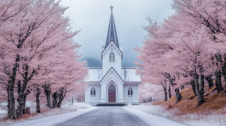 A peaceful white church nestled amidst blooming pink cherry blossom trees, creating a stunning spring landscape. The serene pathway leads to tranquility.の素材