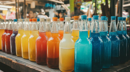 A vibrant display of colorful bottles filled with various drinks in a market setting, showcasing refreshing beverages perfect for summer enjoyment.の素材