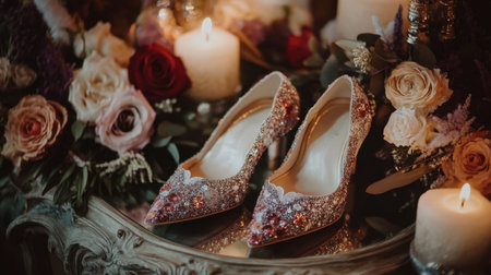 A stunning pair of elegant sparkling shoes rests on a mirror surrounded by luxurious flowers and flickering candles, creating a romantic and enchanting atmosphere.の素材