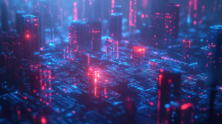 A vibrant and colorful futuristic cityscape showcasing glowing neon lights and digital elements, emphasizing the intersection of technology and urban life.の素材