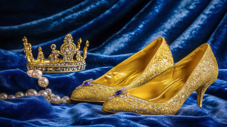 This stunning image showcases elegant golden shoes paired with a royal crown and lustrous pearls on a rich blue velvet backdrop, exuding luxury and sophistication.の素材