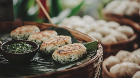 Rustic presentation of freshly made herb patties served with a vibrant green sauce in a woven basket, showcasing delicious vegetarian cuisine ideal for health-conscious diners.の素材