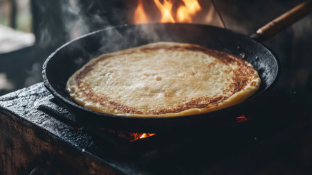 A freshly cooked flatbread sizzling on a cast iron skillet over an open flame, showcasing the beauty of rustic cooking and traditional culinary techniques.の素材