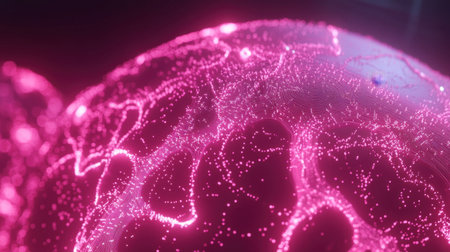 Explore a vibrant digital globe showcasing intricate pink network connections. This abstract image represents innovation, communication, and global connectivity in the digital age.の素材