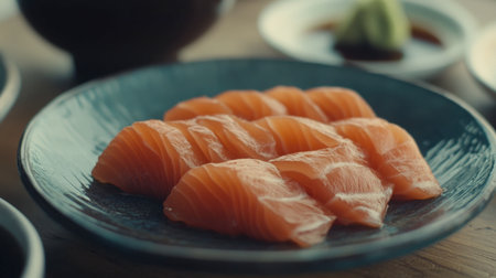 Delve into the exquisite world of Japanese cuisine with this fresh salmon sashimi served beautifully on a blue plate, complemented by wasabi and soy sauce.の素材