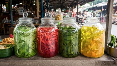 Vibrant jars filled with assorted fresh vegetables create an eye-catching display at a local market stall, showcasing the beauty of natural food preparation and culinary culture.の素材