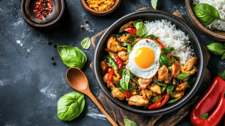 A mouthwatering chicken stir-fry served with fluffy rice and a perfectly fried egg, featuring fresh vegetables and aromatic herbs on a dark tabletop.の素材