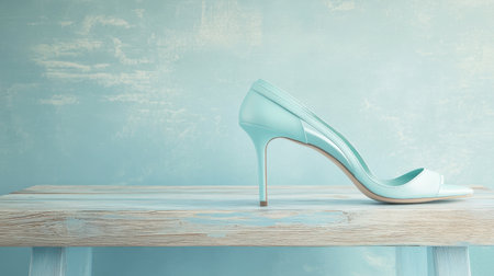A beautiful light blue high heel shoe rests elegantly on a textured wooden surface, showcasing modern design and minimalist appeal, ideal for fashion themes.の素材