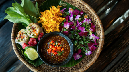 A vibrant food platter showcasing fresh ingredients, colorful flowers, and a delicious dipping sauce. Perfect for healthy eating and culinary delights.の素材